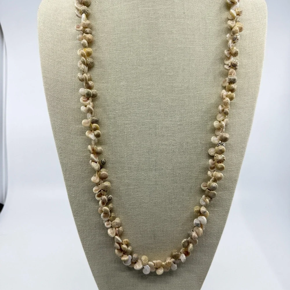 Natural Spiral Seashell Cluster Long Necklace Cream Coastal Boho Statement Gift
